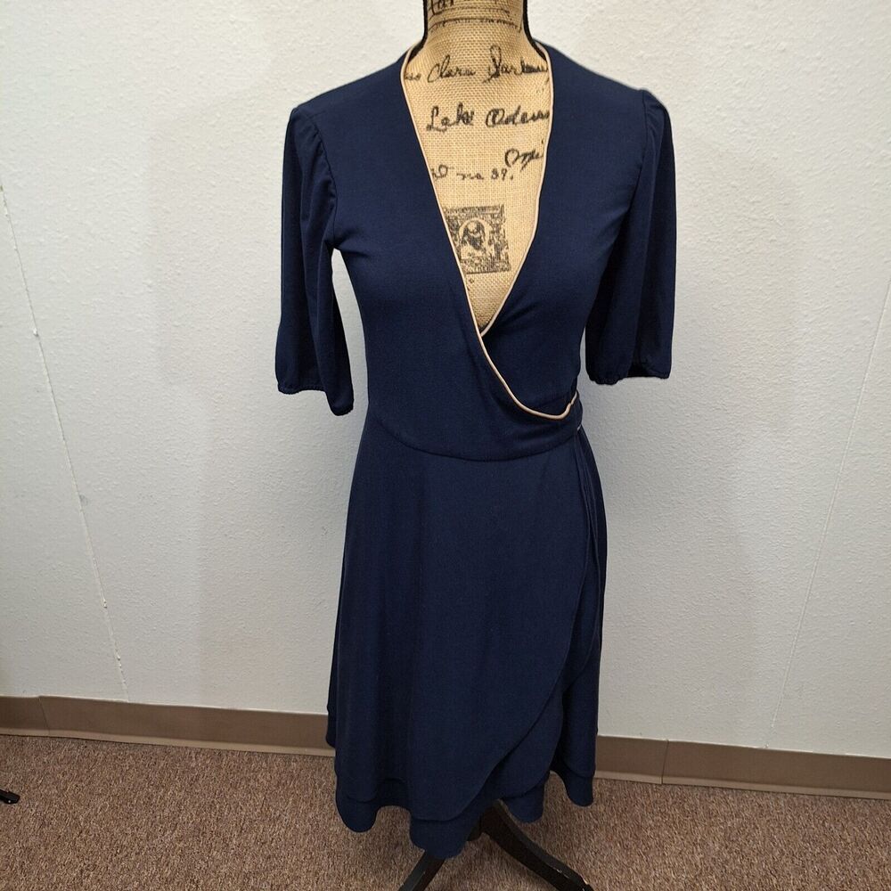 OLGA KAPUSTINA Tan Trim Wrap Dress Thick Half Sleeve Solid Blue Size 8